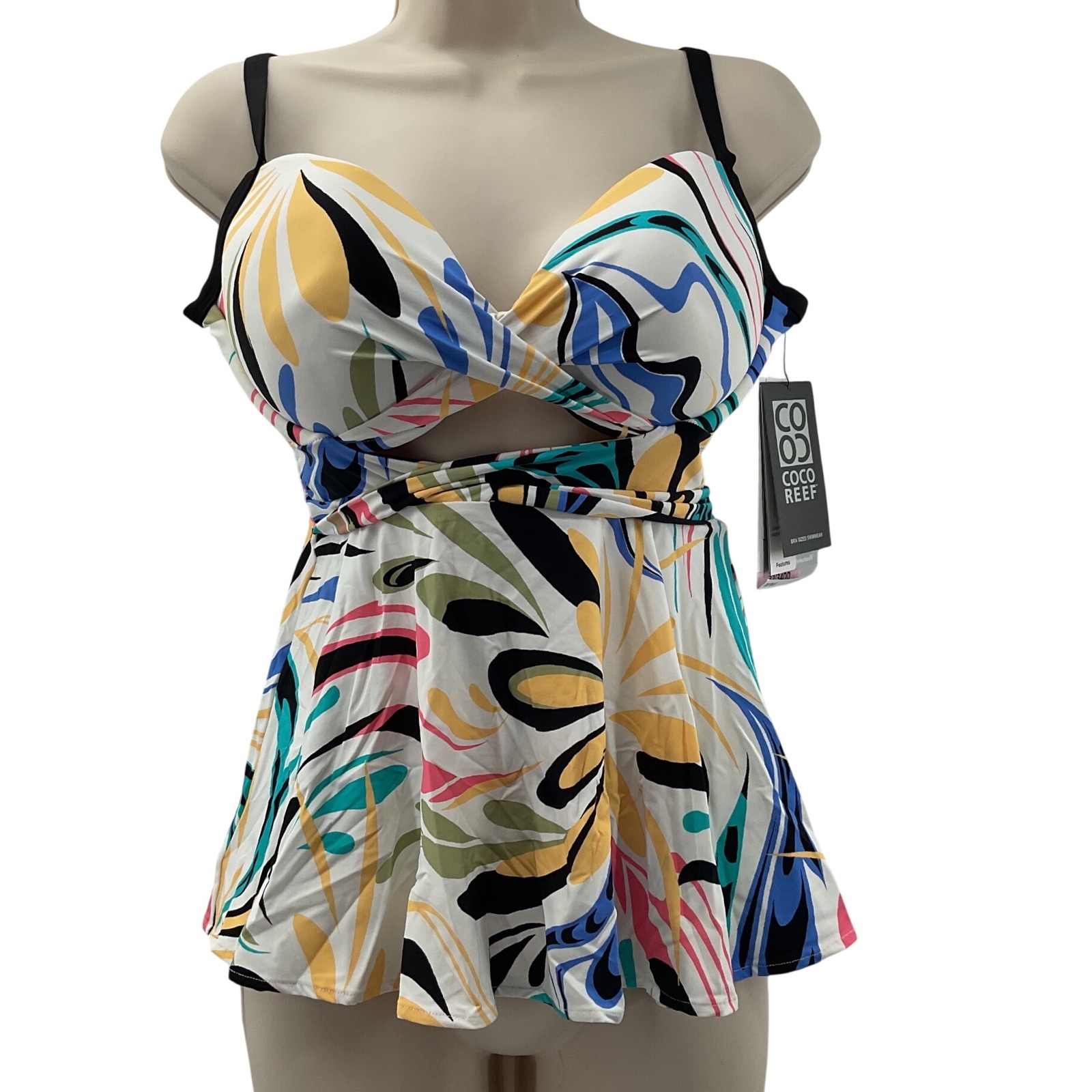 Coco Reef Womens Abstract Botanical Underwire Tankini Top Lace Up 32/34dd New